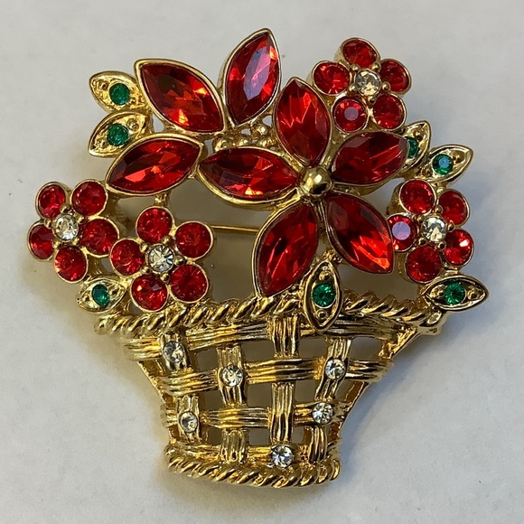 Basket of Red Flowers/Poinsettias Brooch - Picture 2 of 5